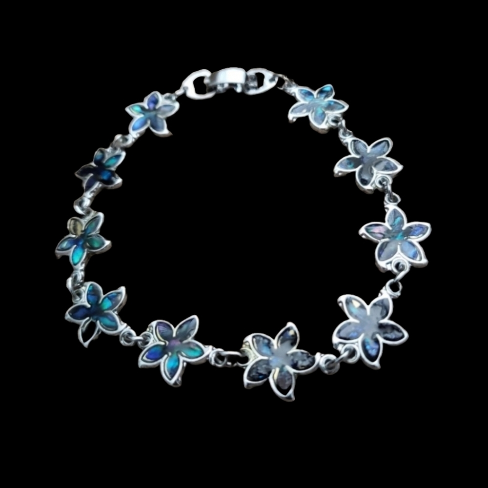 Floral Pendant Bracelet Blue Mother Of Pearl Shell Silver Tone 90s Y2K